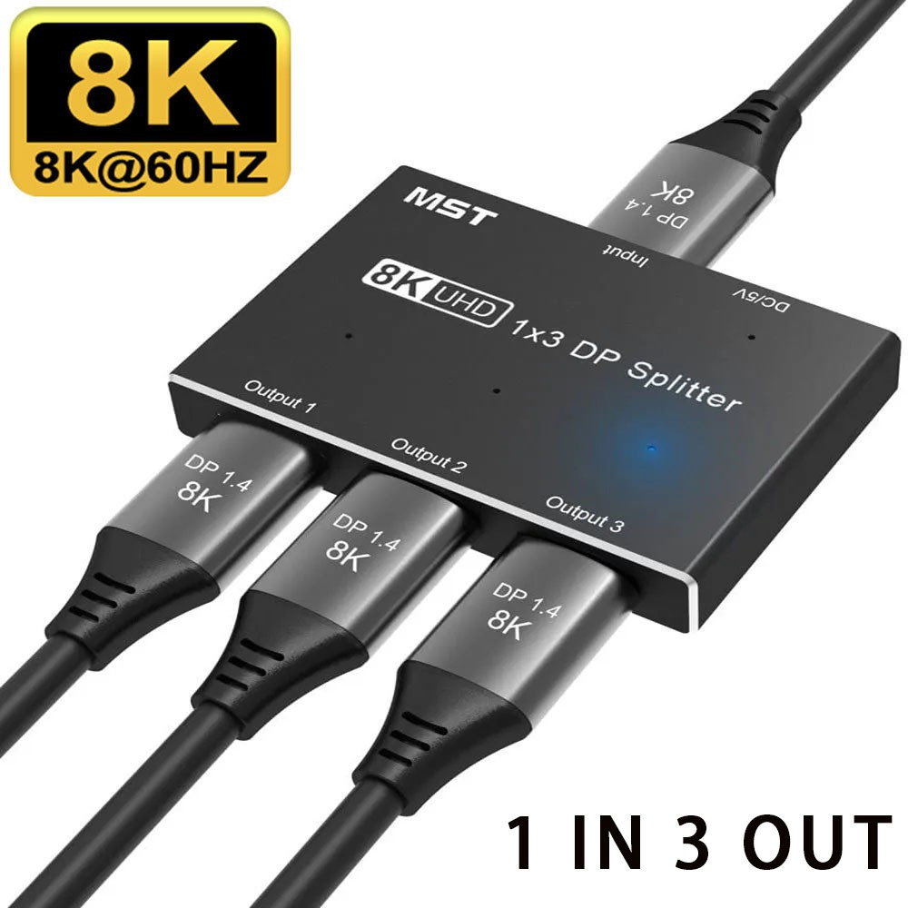 1 in 3 Out DP 8K Splitter Displayport 1.4 MST SST สามหน้าจอขยาย 1X3 Display port Video Adapter HUB สําหรับ HDTV โปรเจคเตอร์แล็ปท็อป