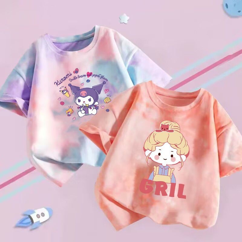 2025 Kuromi การ์ตูน Tie-Dye เสื้อยืดเด็กฤดูร้อน Unisex Graphic Tee เสื้อผ้าสนุกสีสันสดใส
