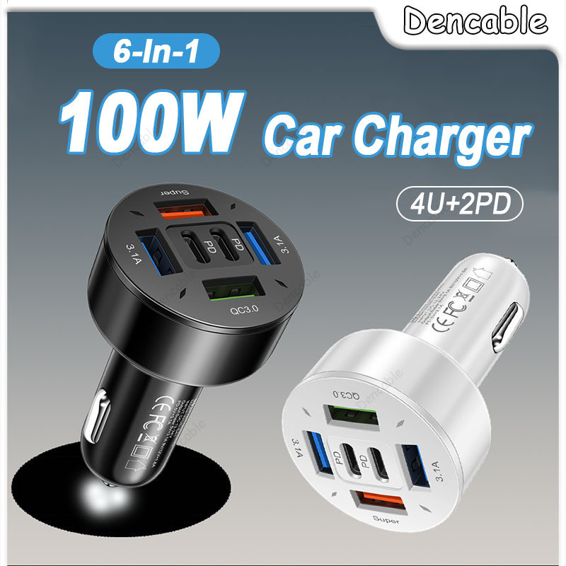 6-in-1 Car Charger 100W Super Fast Charging Adapter 4U + 2PD Multifunctional Car Fast Charger Adapte