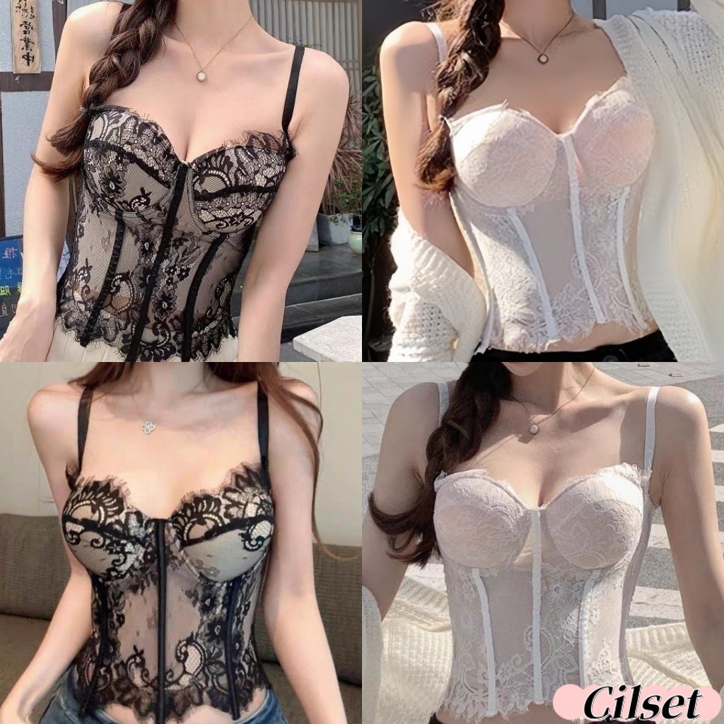 Cilset🛒พร้อมส่ง🎀 เสื้อสายเดี่ยว มีฟองน้ำ สไตล์เกาหลี แฟชั่น แต้งลูกไม้ รัดรูปเซ็กซี่มากแม่ /FYL226
