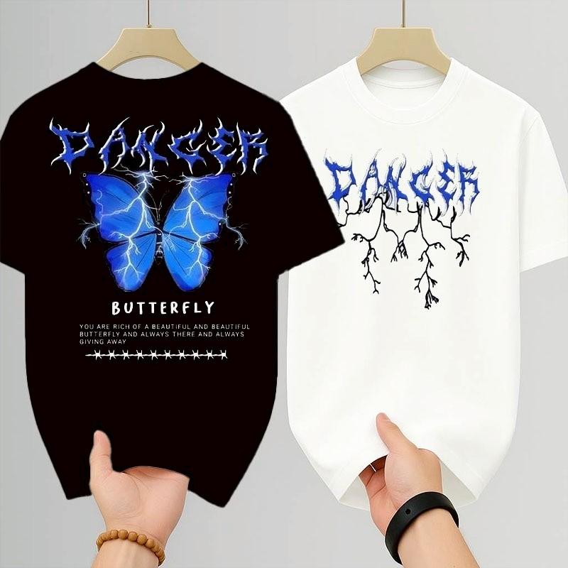 เสื้อยืดคู่รัก เสื้อยืดคอกลม-แขนสั้น ลายเท่ๆ oversize t-shirt สกรีนลายผีเสื้อหน้า-หลัง สวยๆ สตรีทแฟชั่นเท่ๆ สีดำ-สีขาว