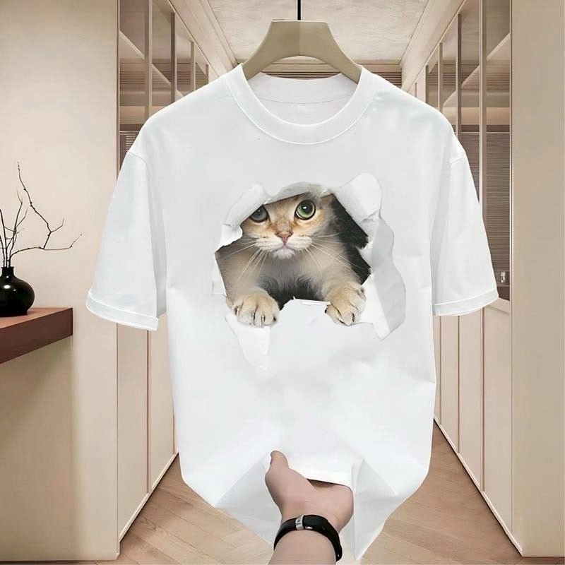 เสื้อยืดแฟชั่นผู้ชาย คอกลม-แขนสั้น สกรีนลายแมว เสื้อแมว oversize t-shirt เสื้อแฟชั่นสุดฮิต โอเวอร์ไซส์คนอ้วน
