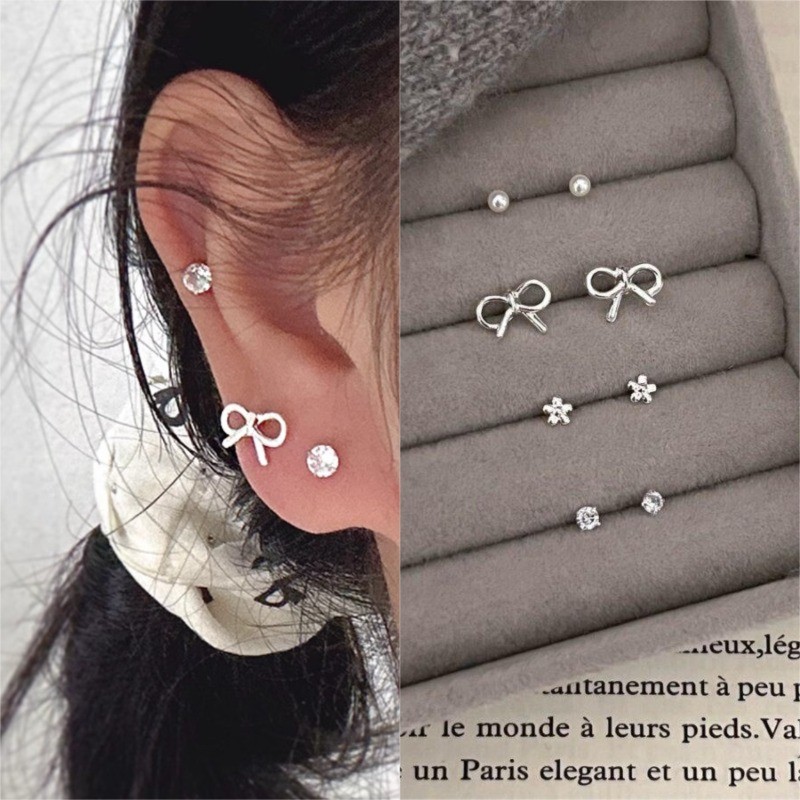 ผู้หญิงมินิน่ารักเงินดอกไม้ต่างหูสตั๊ดหูกระดุมอุปกรณ์เสริม8ชิ้น/ล็อต