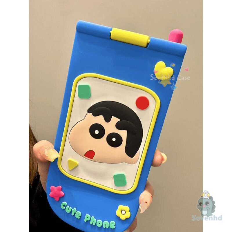 หรูหรา 3D Flip กระจกแต่งหน้าเคสโทรศัพท์ใช้งานร่วมกับ iPhone 11 16 15 14 13 12 Pro Max Blue Shell การ์ตูนน่ารัก Crayon Shinchan Boy Soft TPU กันกระแทกป้องกันปกหลัง
