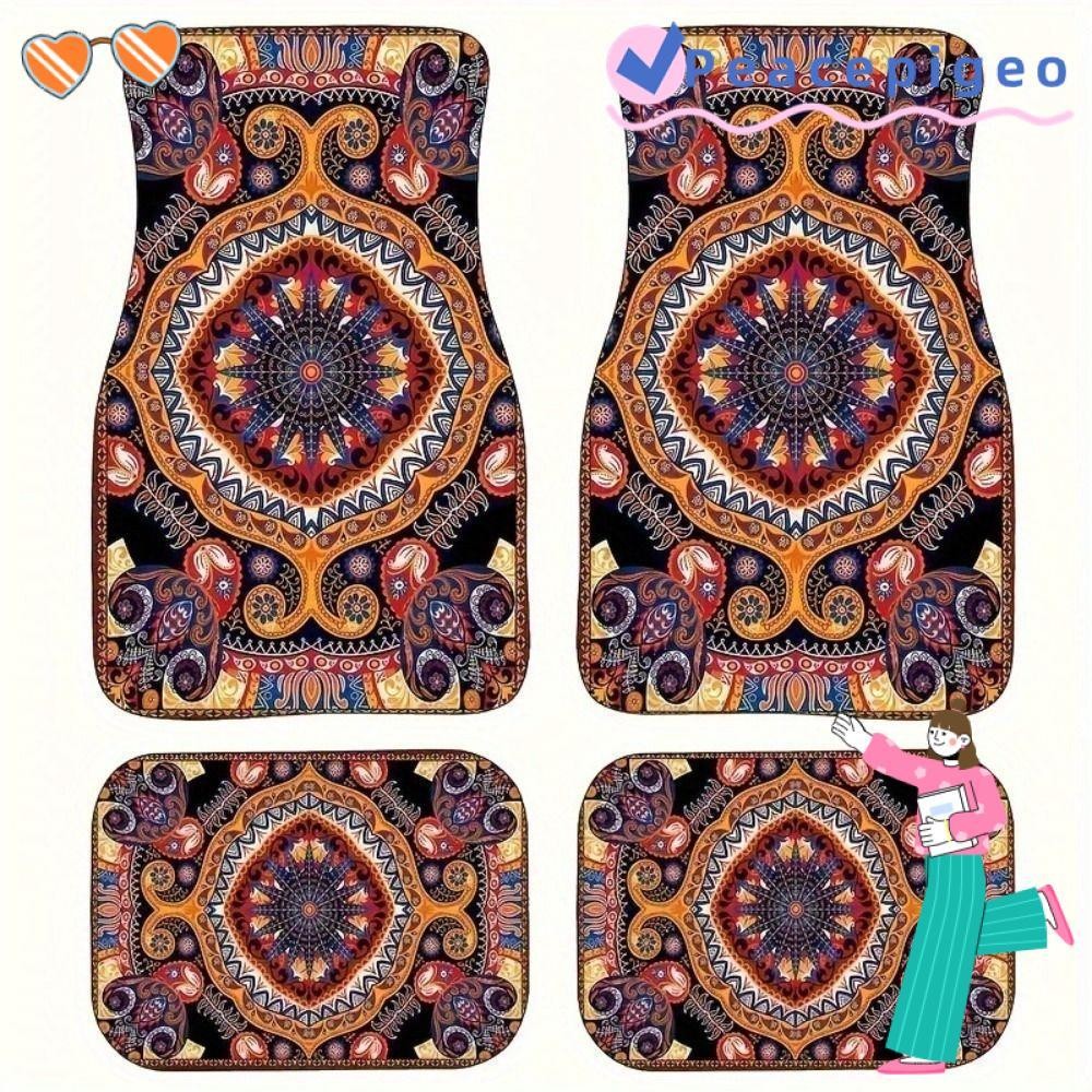 PEACEPIGEO 4 ชิ้นพรมปูพื้นรถยนต์,พรมกันลื่น Heavy Duty Persian,ทนทานตกแต่งรถ Bohemian Dirty Resistance Car Floor Protector พรมสําหรับที่นั่งด้านหลัง