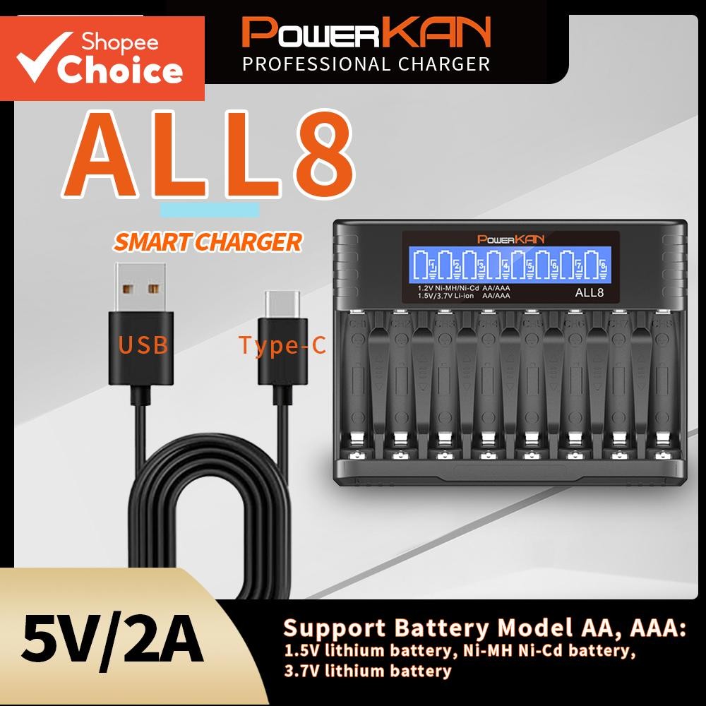 เครื่องชาร์จ PowerKAN AA AAA, การชาร์จอิสระความเร็วสูง 8 ช่อง, เหมาะสําหรับแบตเตอรี่ NiMH 1.5V/3.7V Li-ion r03 r6 5 7