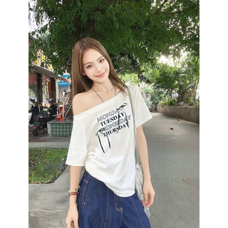 UMISO เสื้อปาดไหล่ เสื้อยืดผู้หญิง ทรงหลวม เข้ากับทุกสไตล์ได้ โบว์ พิมพ์ลาย มีสีให้เลือกมากมาย