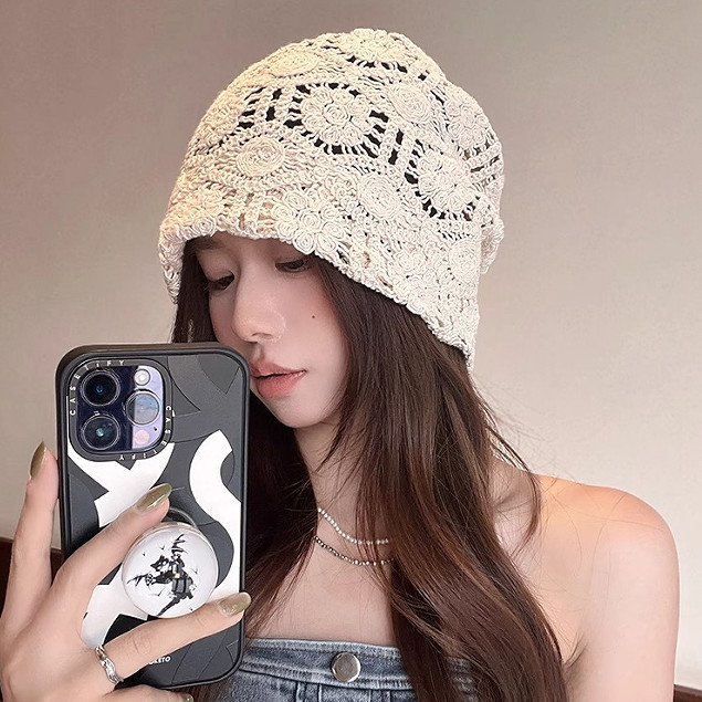 ญี่ปุ่นย้อนยุคกลวง Krochet ถักหมวกหญิงฤดูใบไม้ผลิและฤดูร้อน สไตล์ใหม่适合所有脸型的小脸韩国风格旅游帽图片