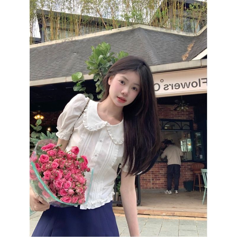 LINNA~สีทึบ แถบ ขอบลูกไม้ แขนสั้น เสื้อเชิ้ต สไตล์ใหม่ เวอร์ชั่นเกาหลี สไตล์หวาน