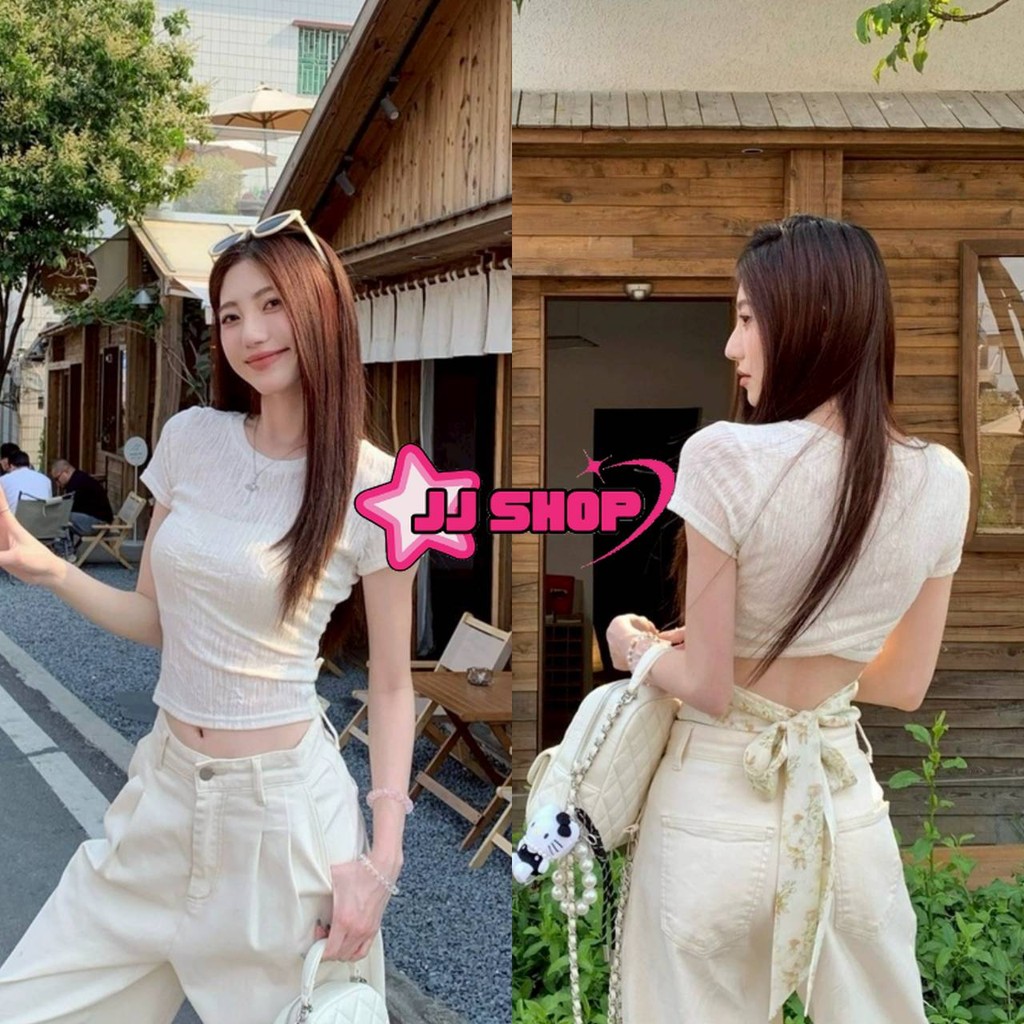 JJ Shop​💜พร้อมส่ง เสื้อยืดครอปสั้น คอกลม ผ้านุ่มนิ่ม ผ้าไหมพรมสีครีมใส่ง่าย "8K179"