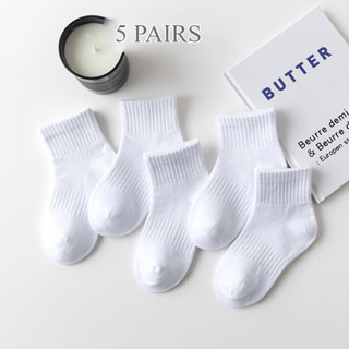 ถุงเท้านักเรียน 5 คู่ สีขาว ผ้าฝ้ายนุ่ม ดูดซับเหงื่อได้ดี สำ…