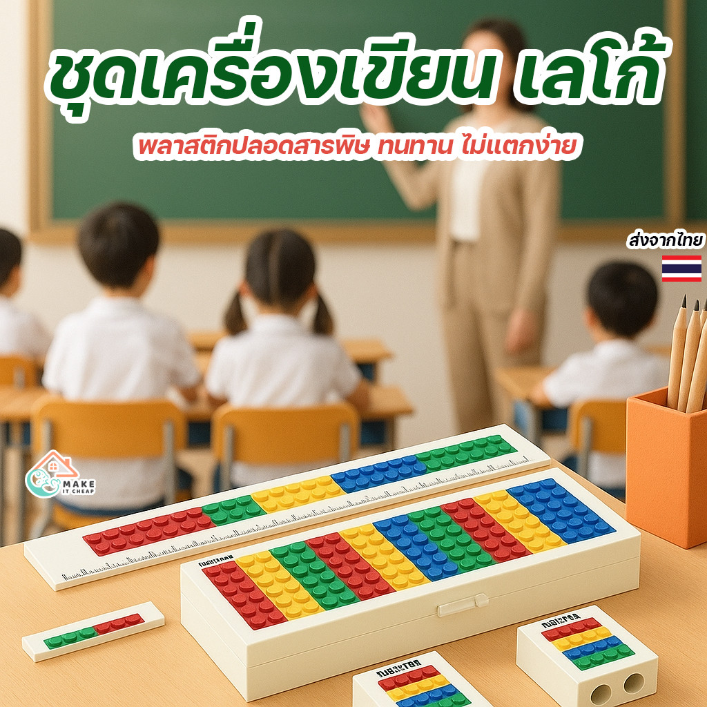 ชุดเครื่องเขียน เด็กใช้เรียนได้เล่นดี กล่องดินสอไม้บรรทัดตัวต่อเลโก้ พร้อมกบเหลาดินสอน่ารักพกพาสะดวก