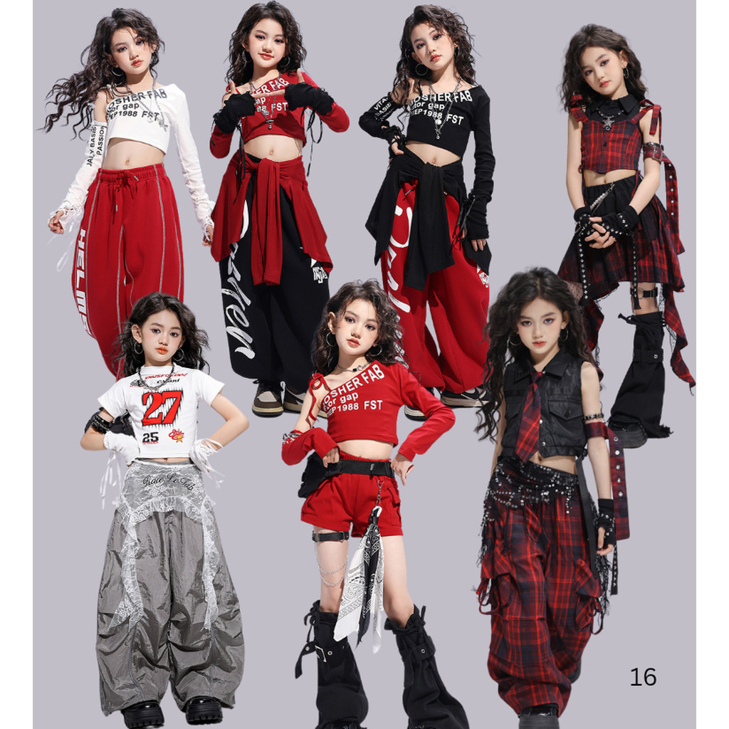 ชุดเต้น เซ็ตเสื้อปาดไหล่ พร้อมปลอกแขน โทนลายสก๊อต ดำแดง