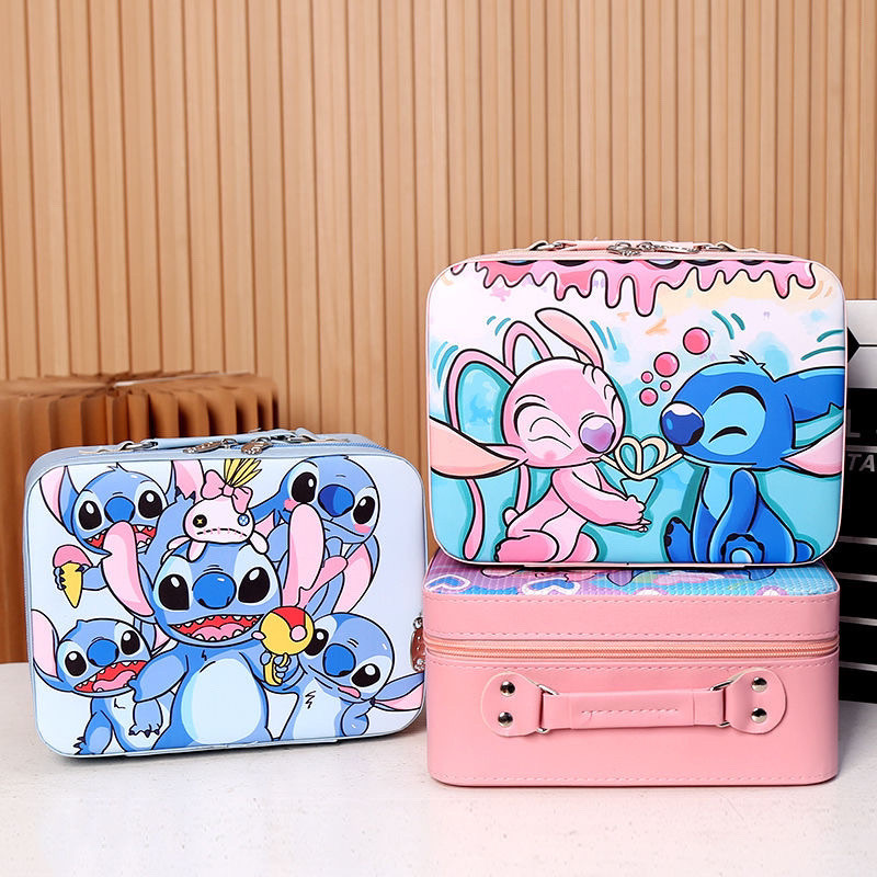 กระเป๋าแต่งหน้า Stitch พร้อมกระจก เดินทางสําหรับผู้หญิง ความจุใหญ่ ขนาดเล็กน่ารัก เก็บของใช้ในห้องน้ํา