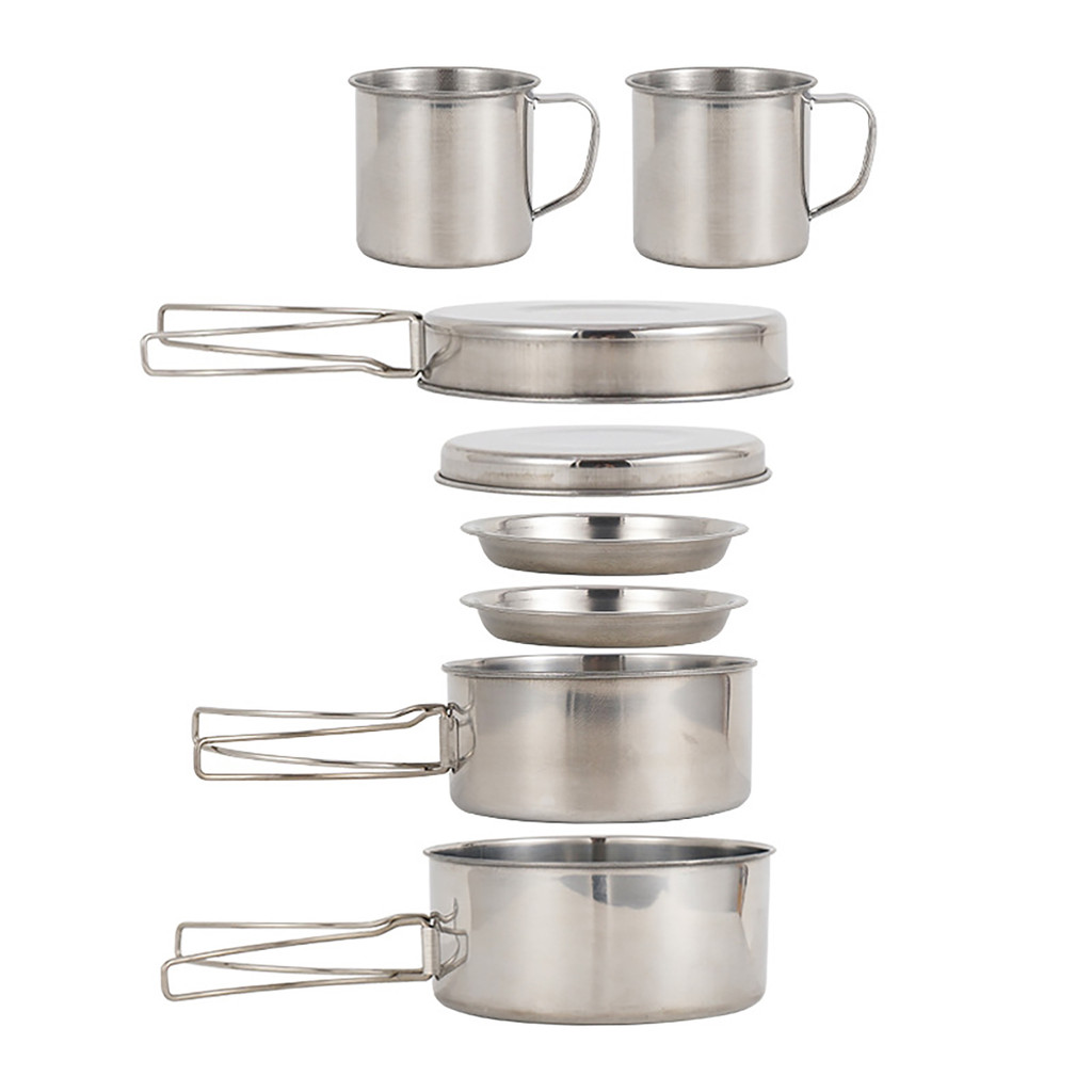Camping เครื่องครัว Mess Kit 8 ชิ้นหม้อทําอาหารสแตนเลส a