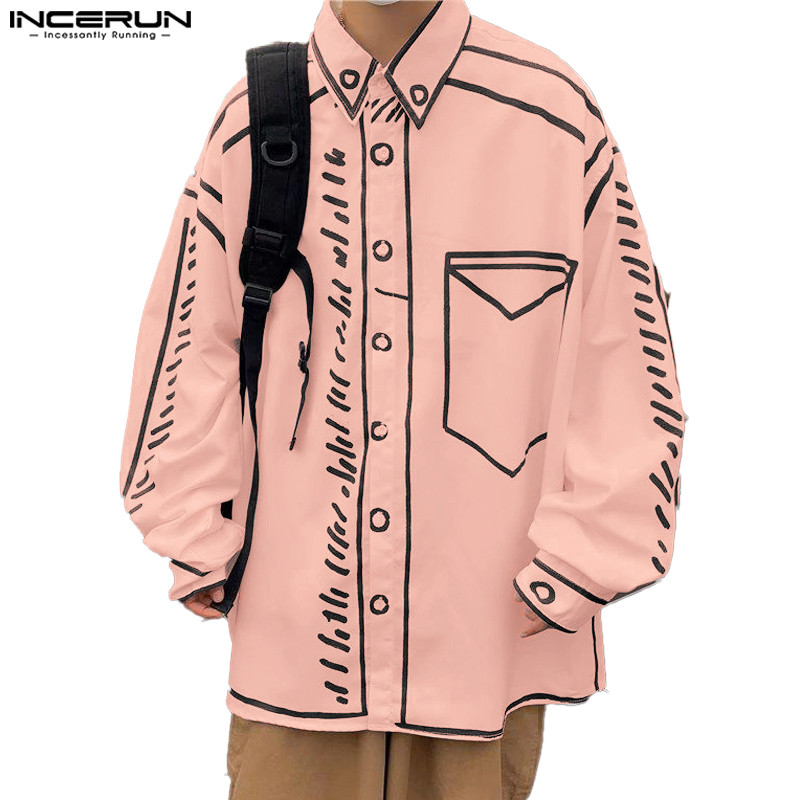 INCERUN ผู้ชายเกาหลี Street Stylish Lapel แขนยาว Contrast Graphic พิมพ์เสื้อหลวม
