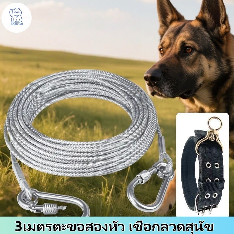 พร้อมส่ง🔥พร้อมตะขอเกี่ยว 2 ด้าน เชือกสุนัขสแตนเลสโซ่จูงสุนัข อุปกรณ์สัตว์เลี้ยง ลวดสลิงจูงสุนัข หัวเข็มขัดสแตนเลส 3 เมตร