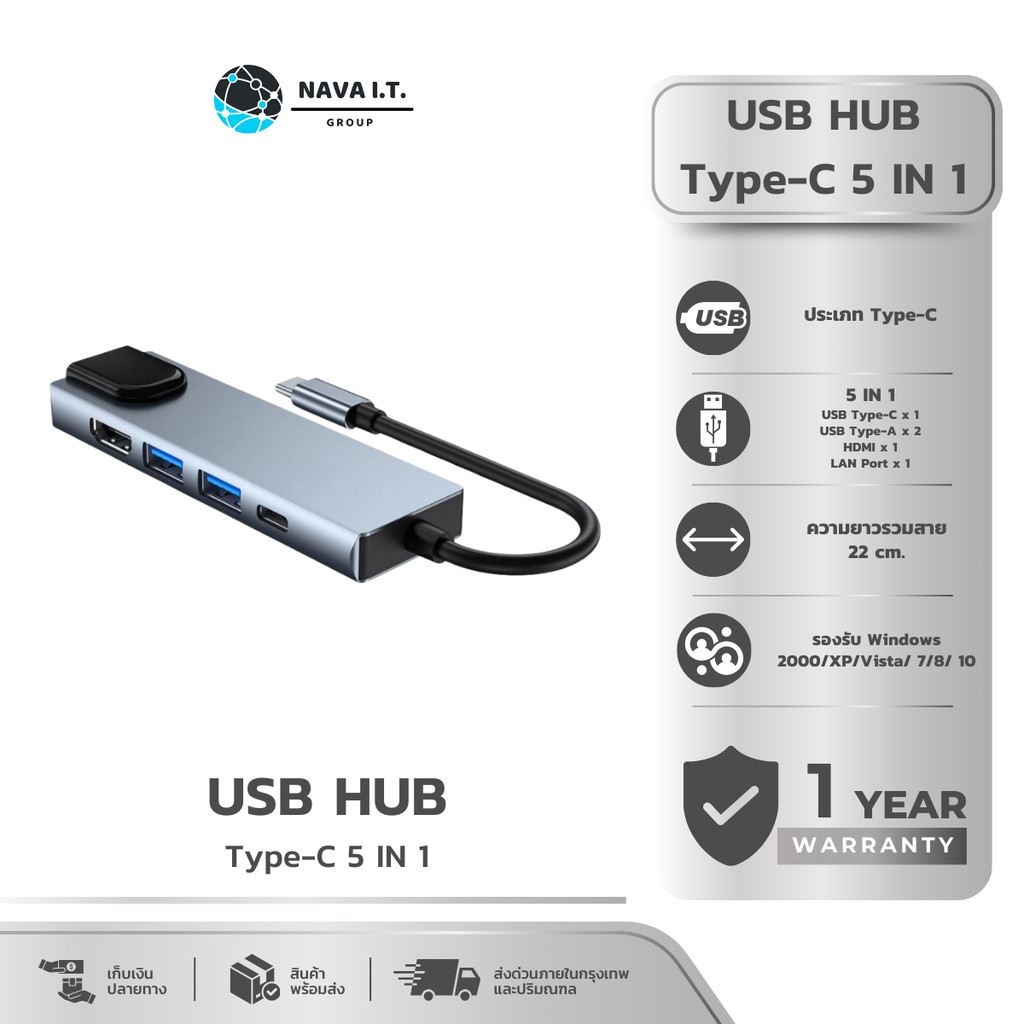 (มีส่งด่วน) NAVA IT HUB USB TYPE-C TO HDTV 5 IN 1 HIGH SPEED 1000MBPS 4K ประกัน 1 ปี