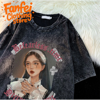 （จัดส่งตลอด 24 ชั่วโมง）Fanfei เสื้อยืดฟอก oversize ลายการ์ตู…