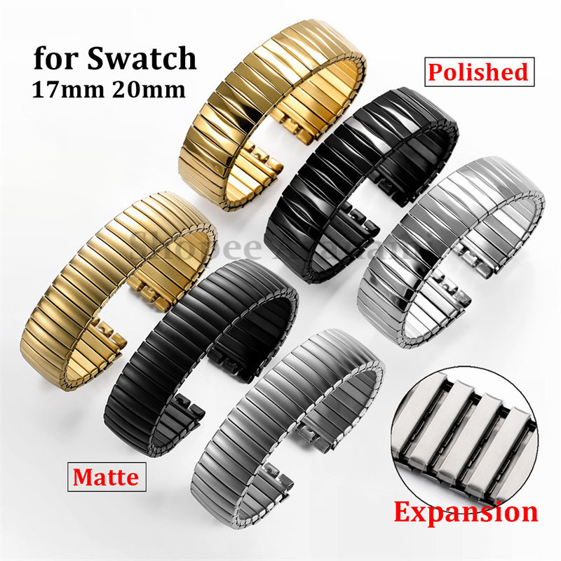 SWATCH 17มิลลิเมตร20มิลลิเมตรยืดหยุ่นสแตนเลสสายนาฬิกาข้อมือสําหรับ ตัวอย่าง สายคล้องคอผู้หญิงผู้ชายเงินทองสีดําสร้อยข้อมือขยายขัดเคลือบโลหะสายนาฬิกา