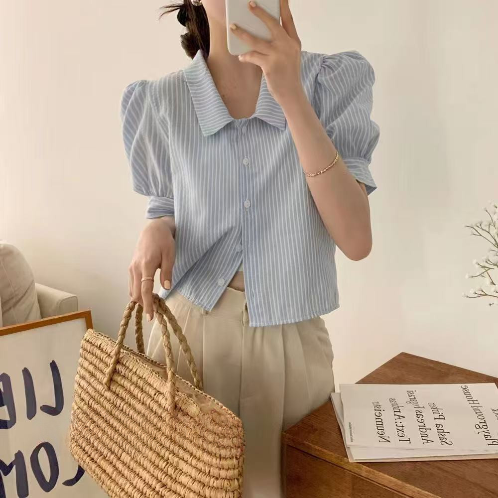 C&M Korean Ins Lapel Single-breasted Striped Hubble-bubble Short Sleeve Shirt