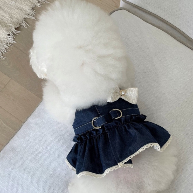 Harness Dress Dog Cat Clothes Cat Dog - กางเกงยีนส์ Bow Dress ประหยัด