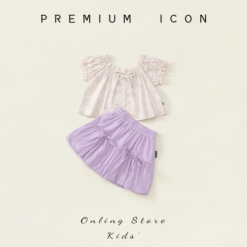 สาวชุดฤดูร้อน 2025 สไตล์ใหม่แฟชั่นเด็กดอกไม้แขนสั้นด้านบนกระโปรงชุดสองชิ้น