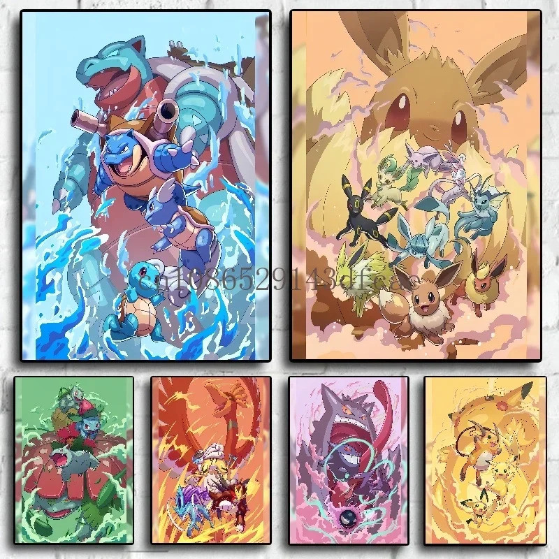 คลาสสิก Wall Art โปสเตอร์ Pokemon Pikachu Home Room ภาพวาดภาพที่ดีที่สุดแขวนการ์ตูนตัวอักษร