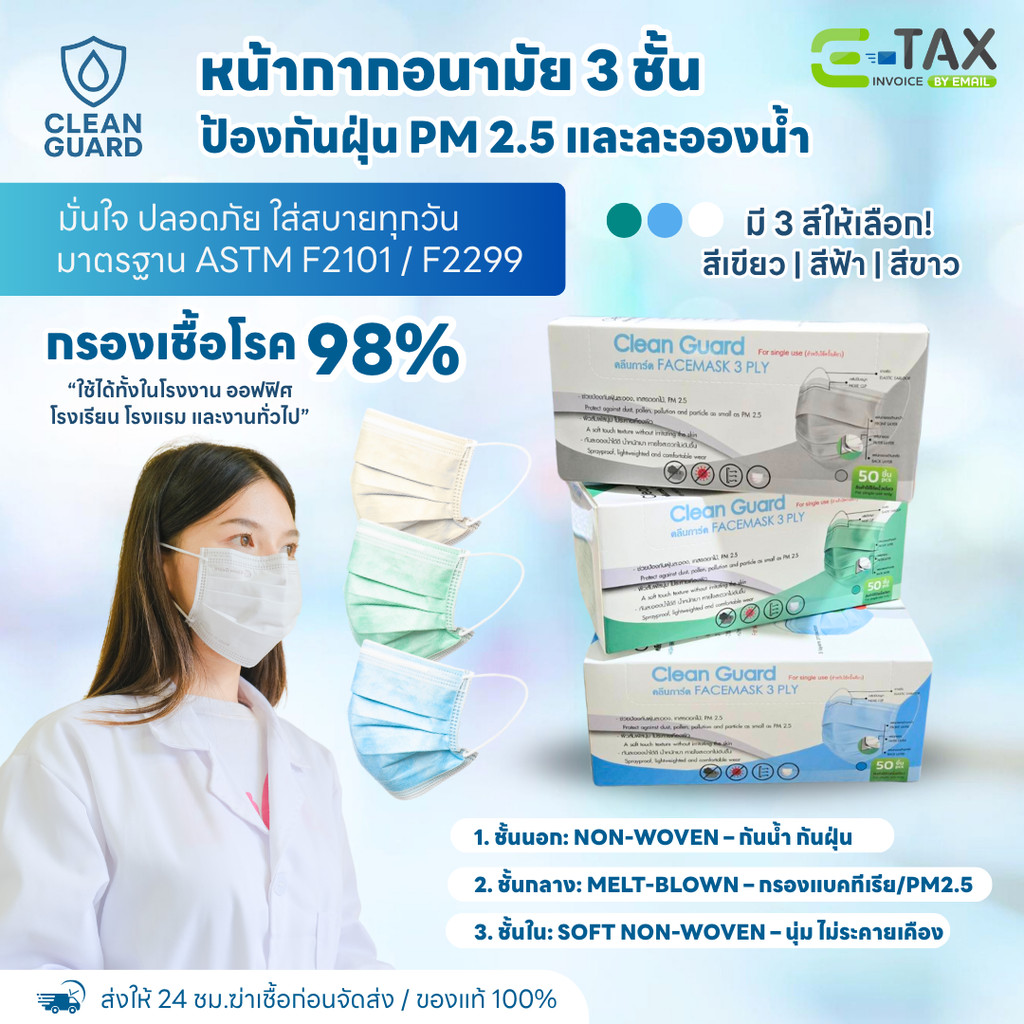 [1กล่อง]ส่งไวใน 24 ชม.ผ้าปิดจมูก 3 ชั้น (50ชิ้น/กล่อง) ยี่ห้อ คลีนการ์ด ป้องกันฝุ่นและน้ำลาย (ออกใบกำกับภาษีได้)