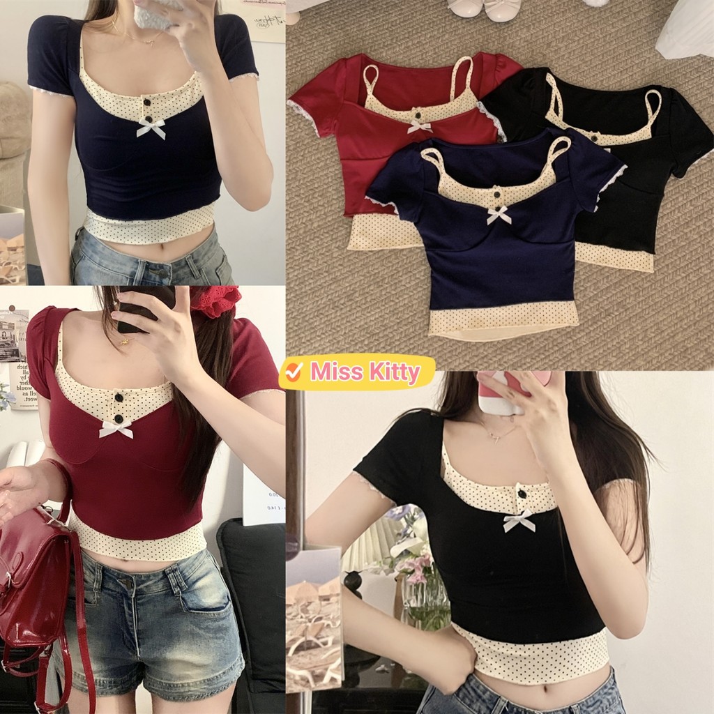 🎀Miss Kitty❤️​พร้อมส่ง เสื้อครอปแขนสั้น แต่งเพิ่มสายเดี่ยวน่ารักคาวาอี้ มีฟองน้ำยืดตามตัว "FY5087"