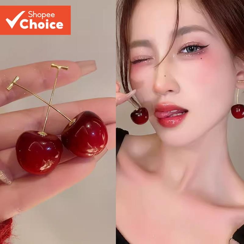 ต่างหูเชอร์รี่สีแดงสไตล์เกาหลีสําหรับผู้หญิง-ต่างหูห้อยยาวหรูหราสําหรับงานเลี้ยงหวานและเก๋