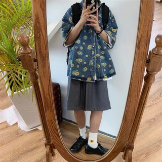MNO.9 Shirt C166 เสื้อเชิ้ตยีนส์ แขนสั้น ลายดอกทานตะวัน เสื้อเชิ้ตลำลองชาย Man Clothing