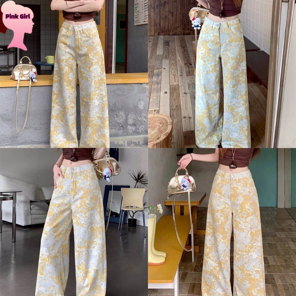 💋Pink girl💋​พร้อมส่ง กางเกงขายาว เอวสูง ลวดลายสีเหลือง ทรงกระบอก ' NZ6621