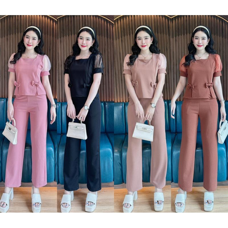 ชุดเซตผ้าวูลเวฟ เสื้อแขนกุหลาบแต่งโบว์หน้า+กางเกง