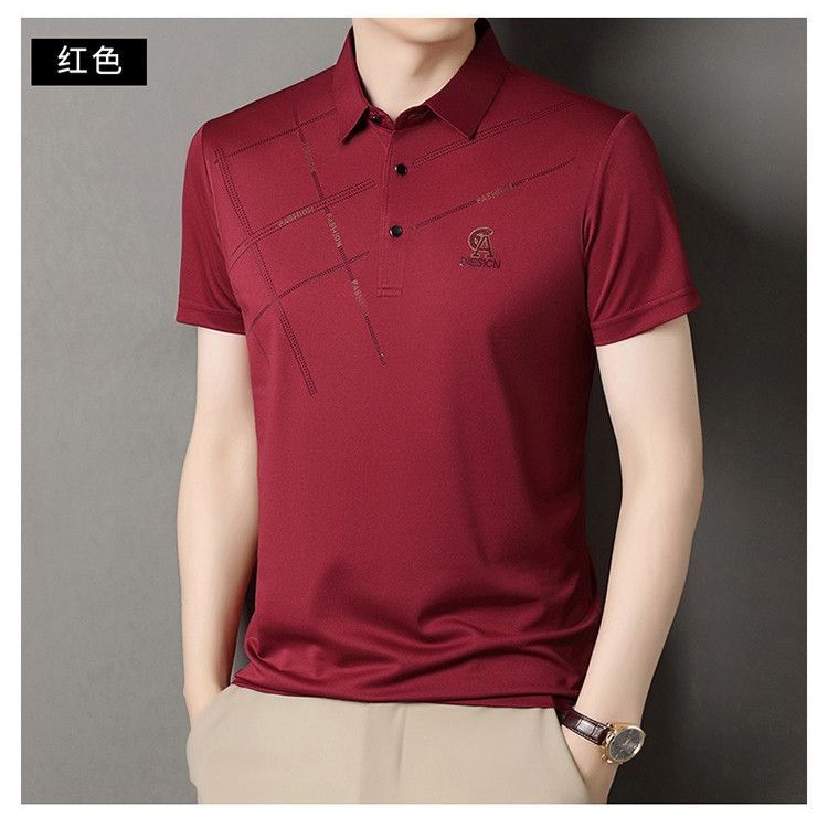 ฤดูร้อนใหม่ธุรกิจอเนกประสงค์เสื้อโปโลพลิกปกผ้าไหมน้ําแข็งลําลองผู้ชายแขนสั้นเสื้อยืด