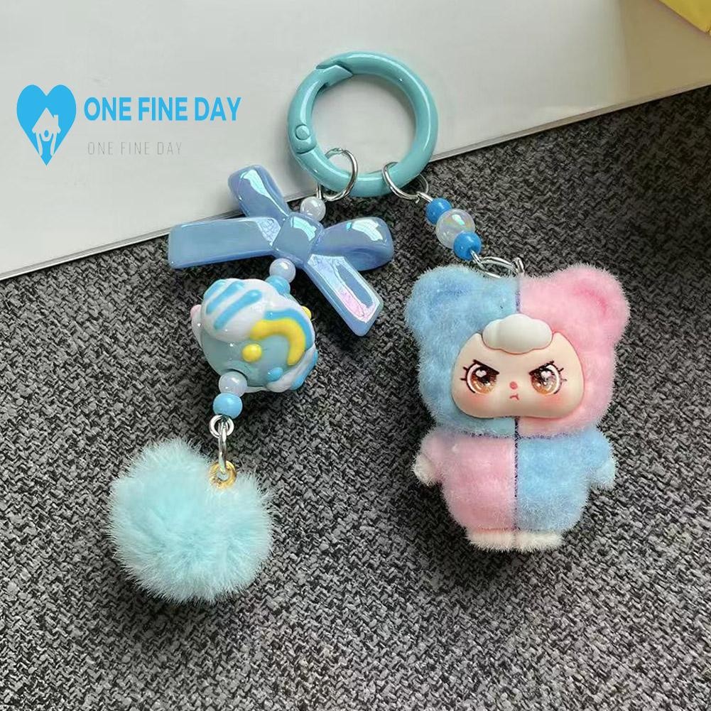 ready Stocktwo-color Bear Ear Doll Keychain Cute Cartoon Flocking Pendant Girls Backpack H9