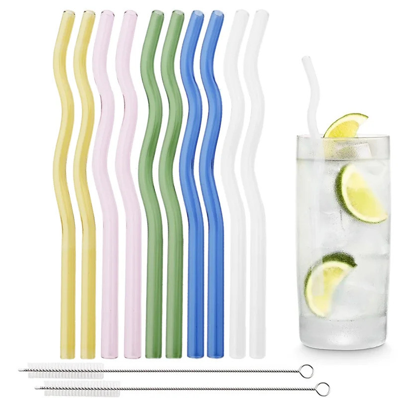 10Pcs Glass Straws Reusable Wavy Glass Straws 7.8 In*8mm Transparent Eco-friendly Glass Straws with 