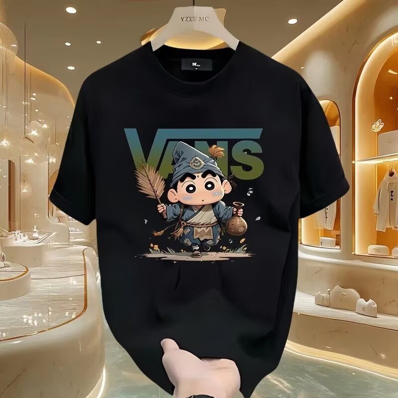 เสื้อยืดผู้ชายคุณภาพดี เย็นสบาย ระบายอากาศได้ พิมพ์ลายการ์ตูนพระแบบอเมริกัน สีดำ แขนสั้น ใส่ได้หลายโอกาส