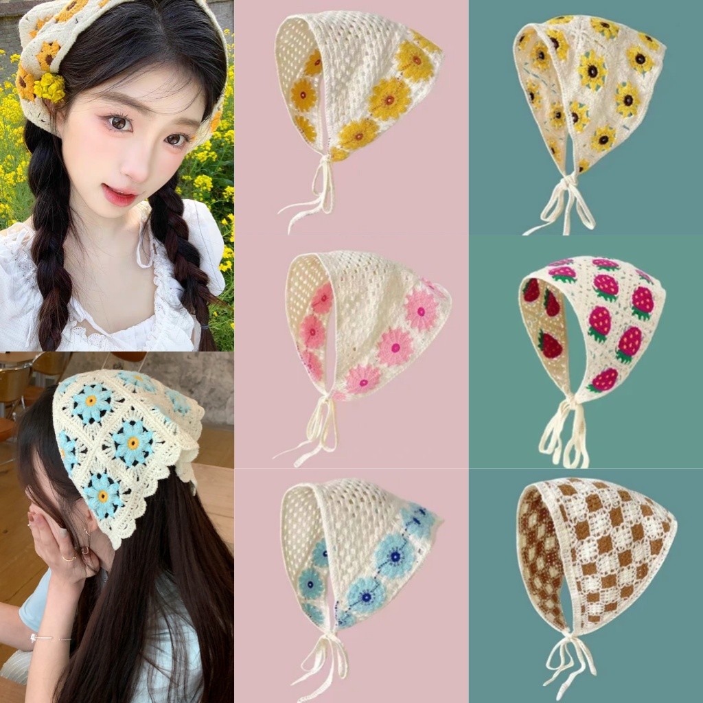 🌜Moonling🌛พร้อมส่ง ผ้าคาดผมโครเชต์สามเหลี่ยม ลายน่ารัก จากไทย หลากหลายรูปแบบ ผ้าถัก *TJ-111*