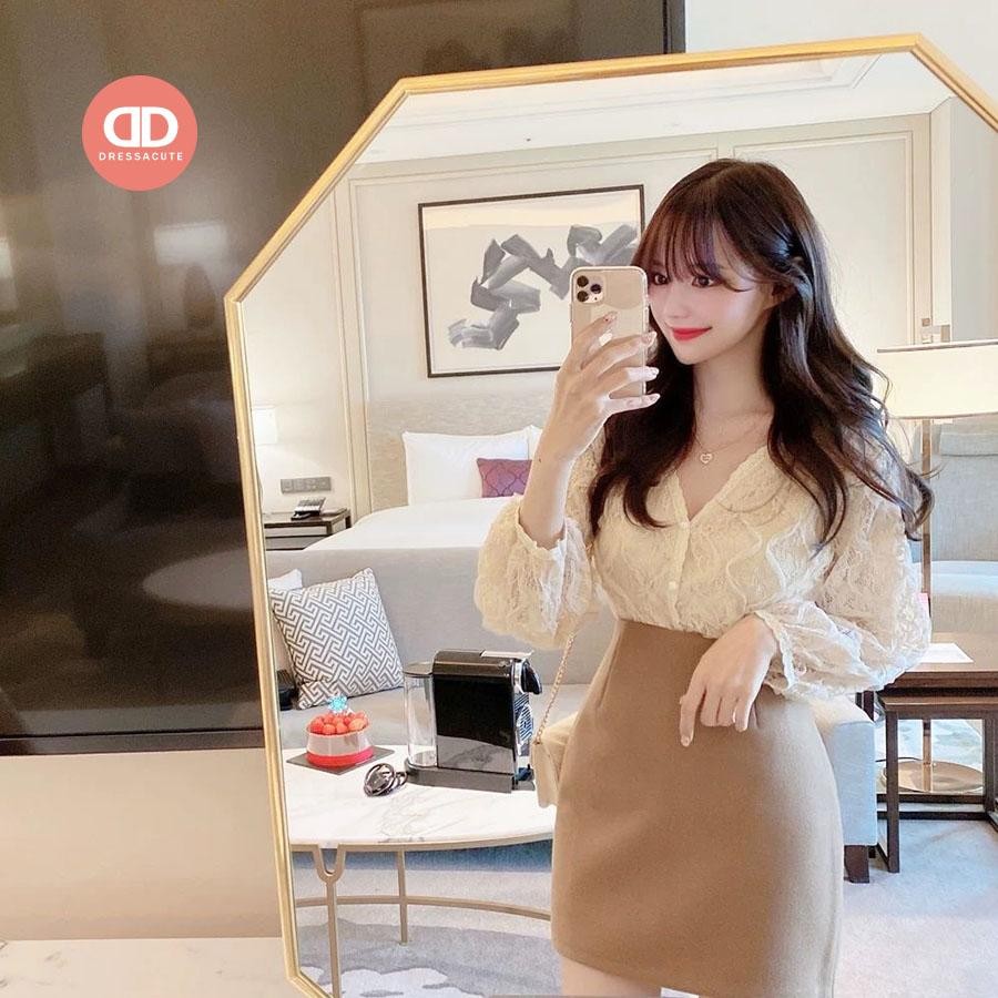 ️ 8516 เสื้อเชิ้ตสีขาวลูกไม้สีพื้นคอวี เสื้อแขนยาวชีฟอง - เสื้อทำงาน เสื้อลำลอง