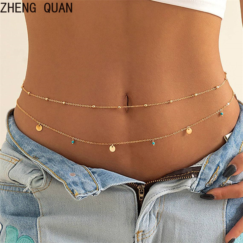 แฟชั่น Turquoise Double Layer เอว Chain Disc Fringe Bohemian Vintage Body เครื่องประดับสําหรับผู้หญิงชายหาดฤดูร้อนอุปกรณ์เสริม