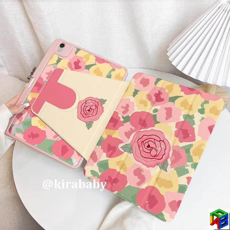 เคสหมุนได้ 360 องศาสําหรับ iPad 2025 Gen11 Pro11 air6/5/4 10.9 10.5 10th 2022 gen7gen8gen9 10.2 นิ้ว Mini6/7 ภาพวาดสีน้ํามัน rose สีชมพูฝาครอบป้องกันพร้อมช่องเสียบปากกา