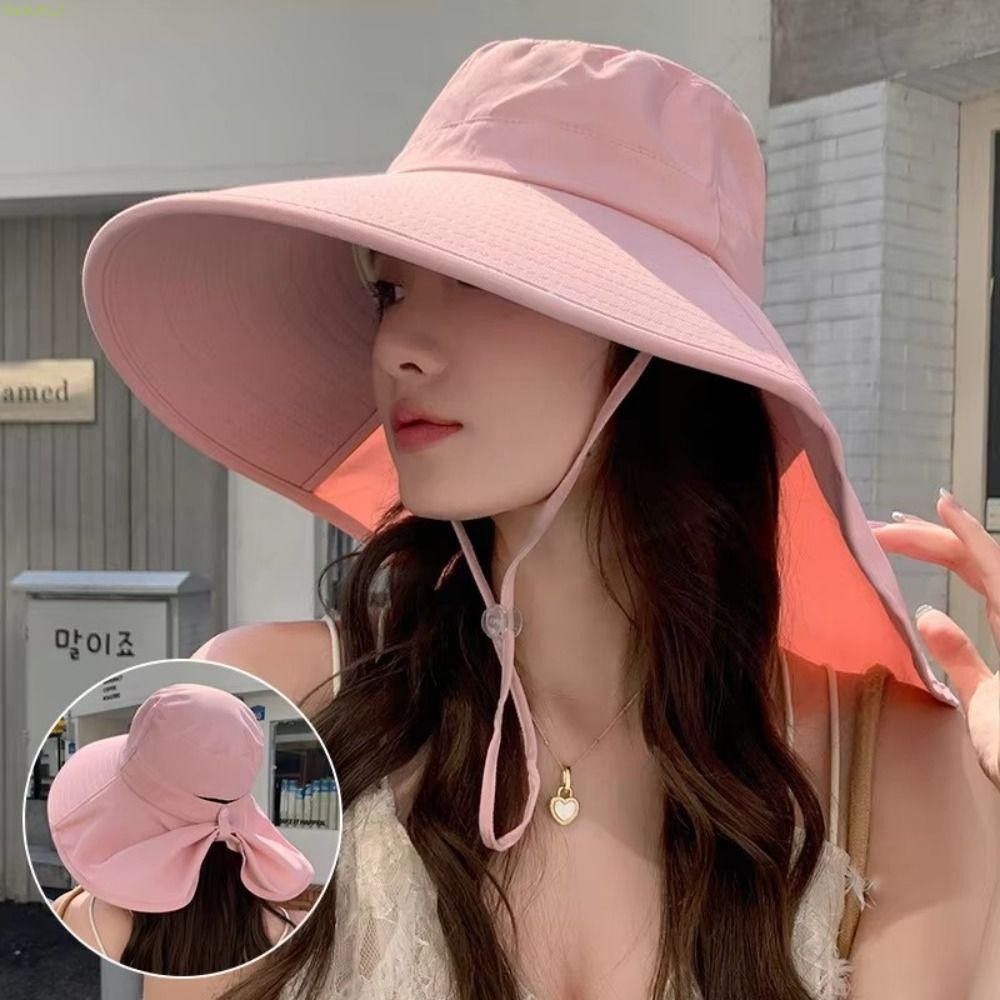 แฝด หมวกกันแดดปีกกว้าง,ป้องกันรังสียูวี 50+ ขึ้น หมวกกันแดด,แฟชั่นท่องเที่ยวกลางแจ้งสไตล์เกาหลีผู้หญิงหมวกถังที่มีปกคอ