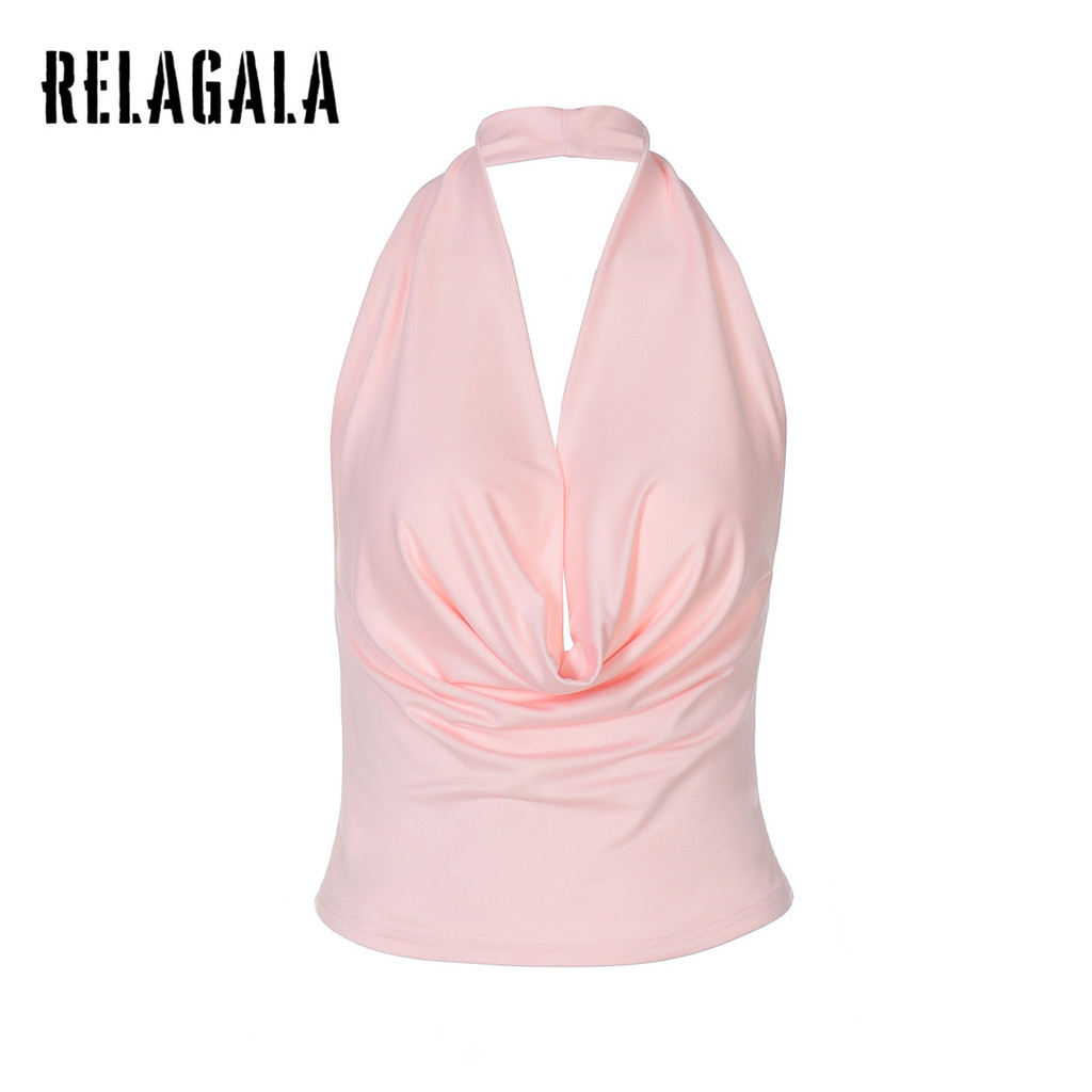 RELAGALA เสื้อกล้ามผู้หญิง 2025 ฤดูร้อนใหม่ สีทึบ Halter V-neck หลังเปิดเผย แขนกุด Skinny Slim Fit Casual