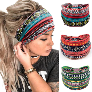 Hippie Bohemian สไตล์ชาติพันธุ์พิมพ์ผ้าโพกศีรษะสีแดง Hairband Crossed Hairband