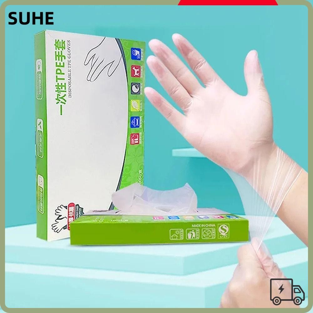 SUHE ถุงมือทําความสะอาด 100 ชิ้น, ถุงมือแบบใช้แล้วทิ้ง TPE เกรดอาหาร, ความปลอดภัยในการทํางานกรดในครัวเรือนลื่นโปร่งใสถุงมือยางฟรี