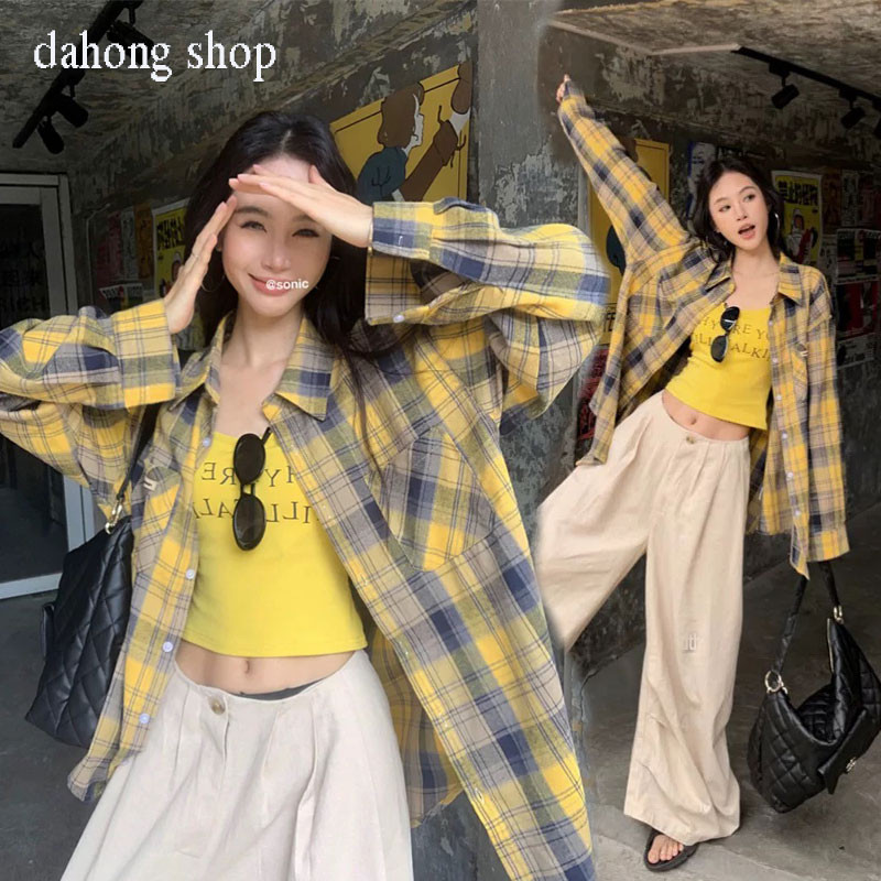 Dahong เสื้อเชิ้ตโอเวอร์ไซส์  เสื้อเชิ้ตลายสก๊อตผู้หญิง เก็บทรงดี ผ้าสวย W418