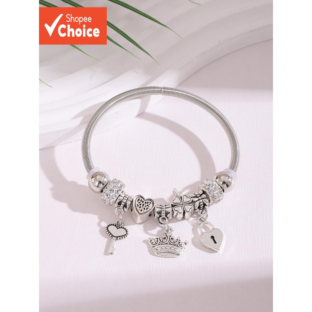 1PC Strass Ball Heart Clover กุญแจล็อคมงกุฎกําไลข้อมือสแตนเลสสําหรับสาวผู้หญิงทุกวันวาเลนไทน์
