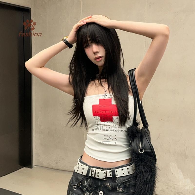 [แฟชั่น] Y2K Aesthetic womens clothing fashion high street punk tube top sexy slim harajuku cross pr
