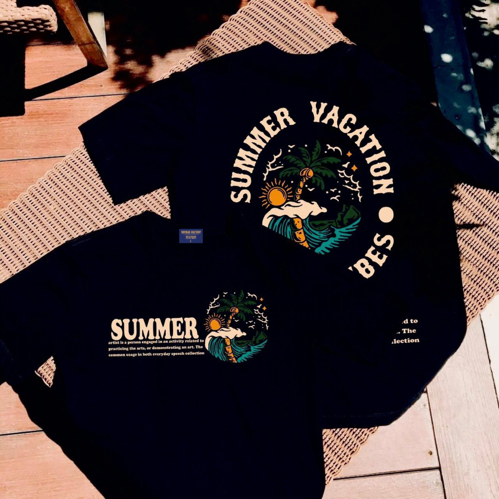VINTAGE FACTORY เสื้อยืดผ้าฝ้ายคอกลม 100% SUMMER VACATION